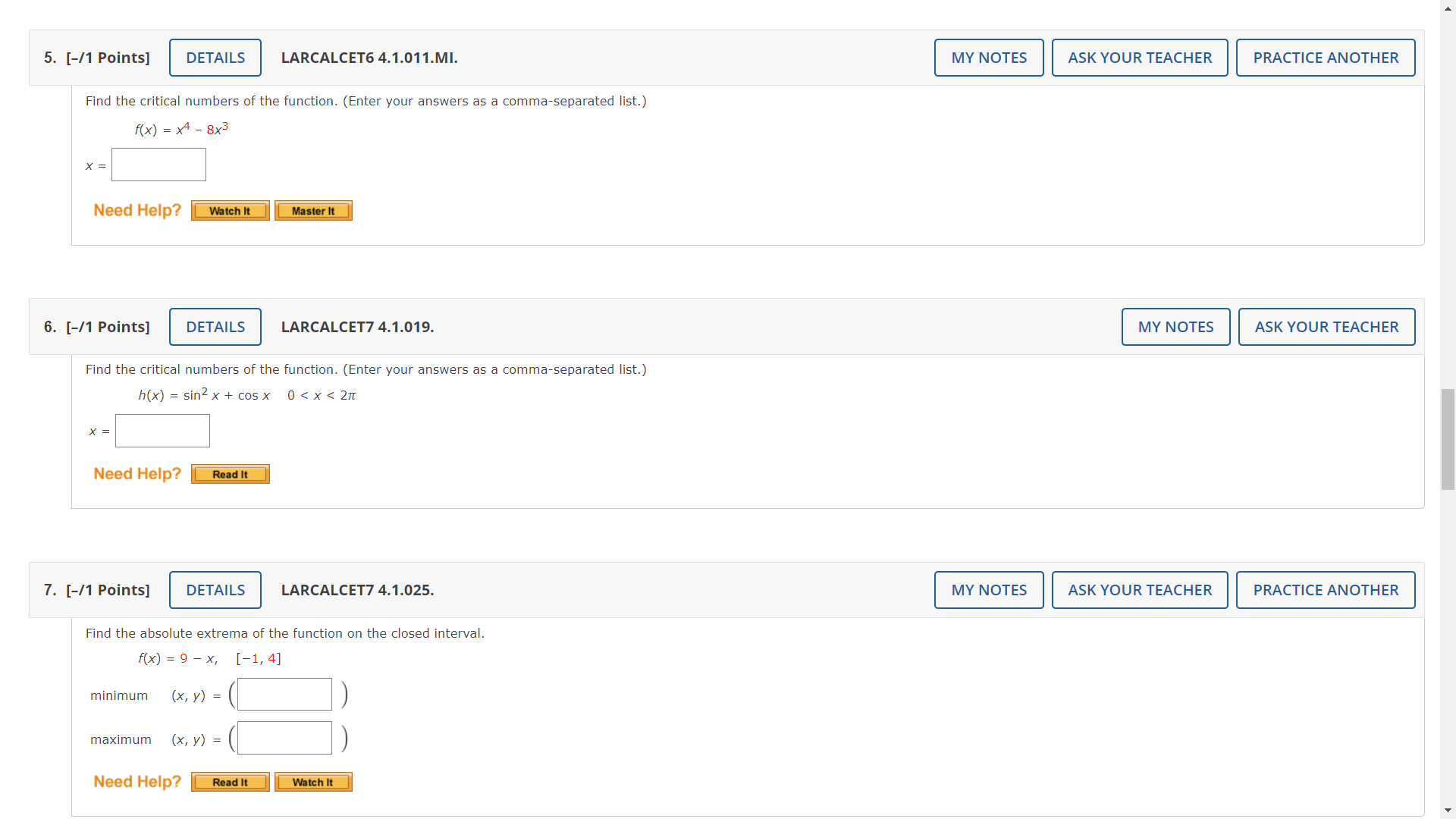 value 0f the derivative (if it exists) at the indicated extremum. (If
