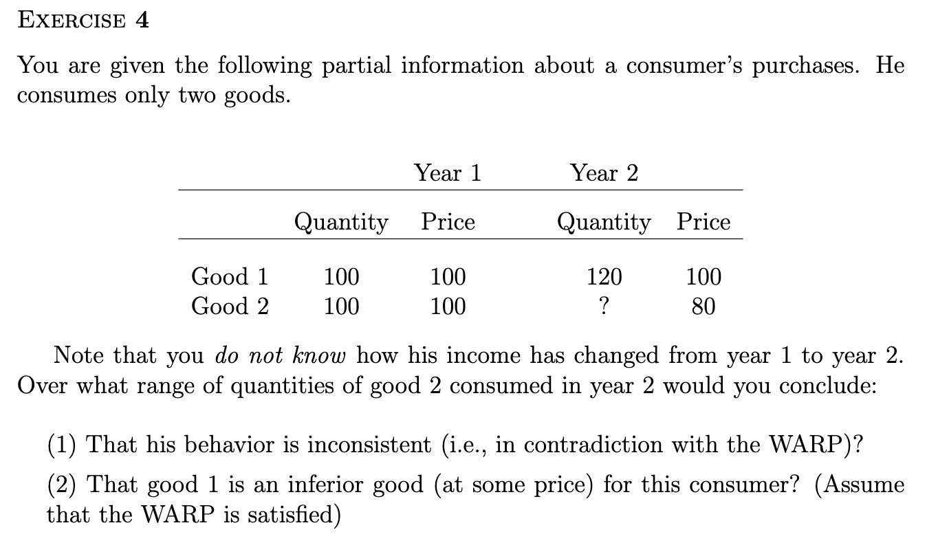 consumer's purchases. He consumes only two goods. Year 1 Year 2 Quantity
