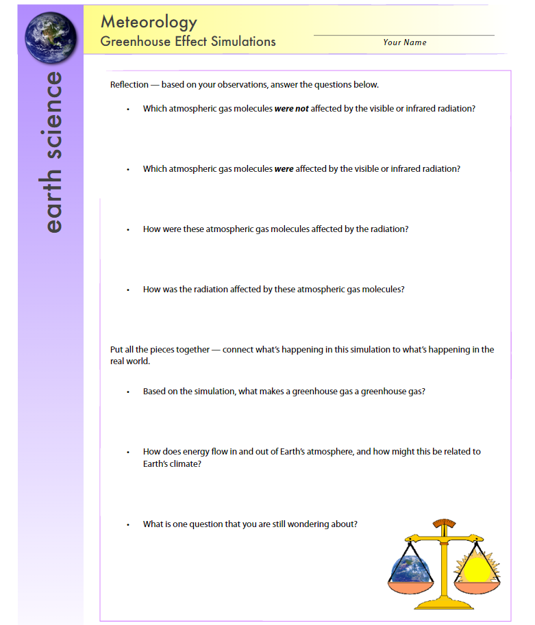 Simulation: https://phet.colorado.edu/sims/html/molecules-and-light/latest/molecules-and-light_en.htmlLink to the Greenhouse Effect Simulation: https://phet.colorado.edu/sims/html/greenhouse-effect/latest/greenhouse-effect_en.html Meteorology Greenhouse Effect Simulations