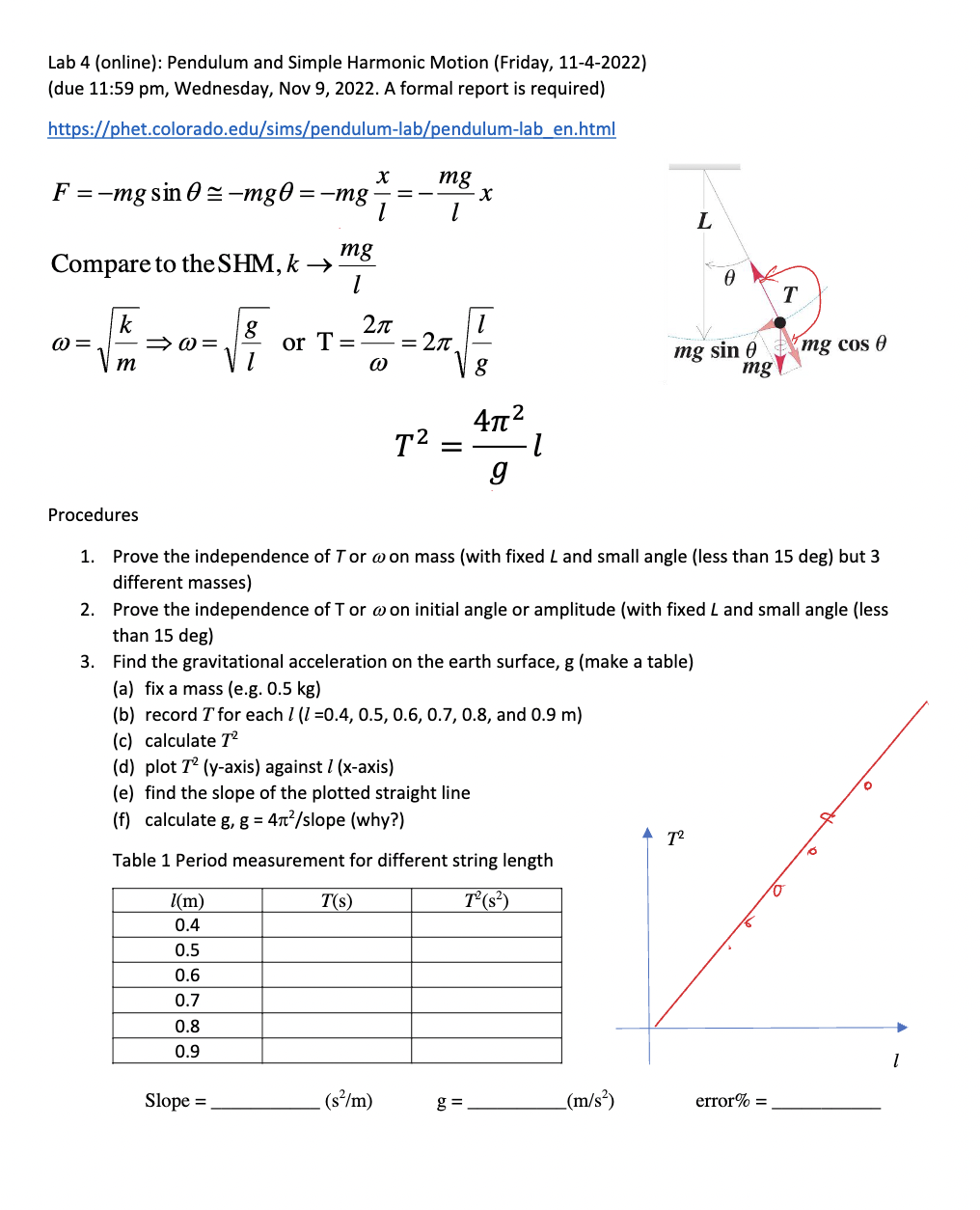 Lab 4 (online): Pendulum and Simple Harmonic Motion (Friday, 11-4-2022) (due