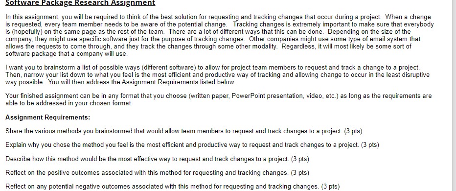 Software Package Research Assignment In this assignment, you will be required