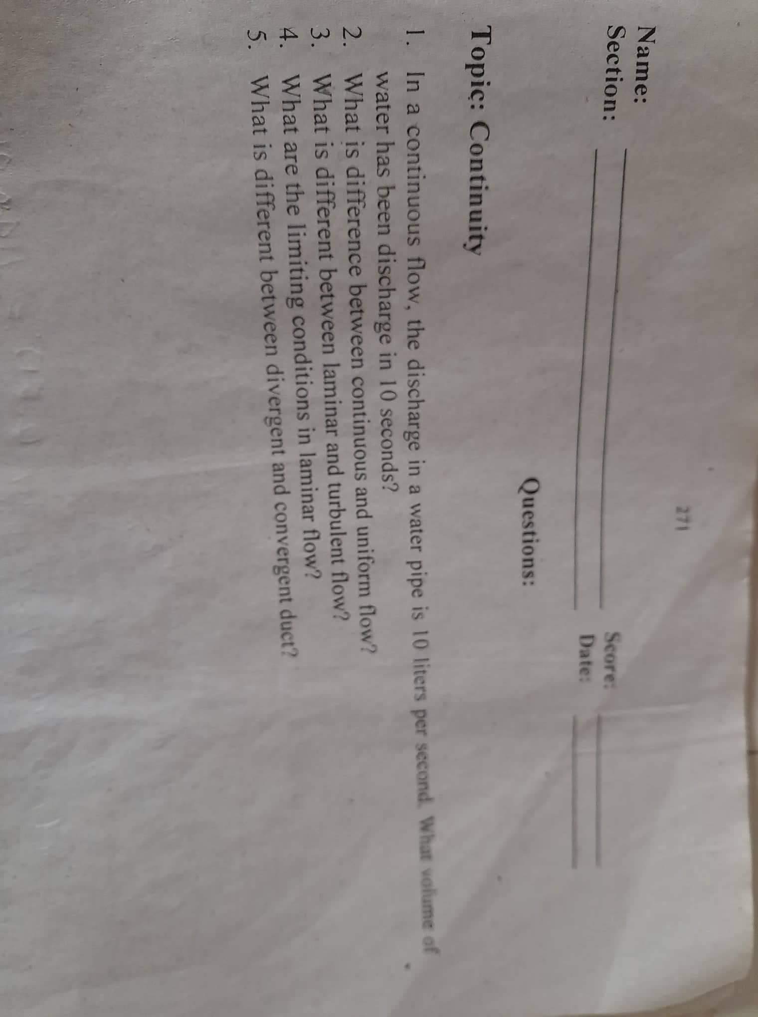  271 Name: Section: Score: Date: Questions: Topic: Continuity 1. In a