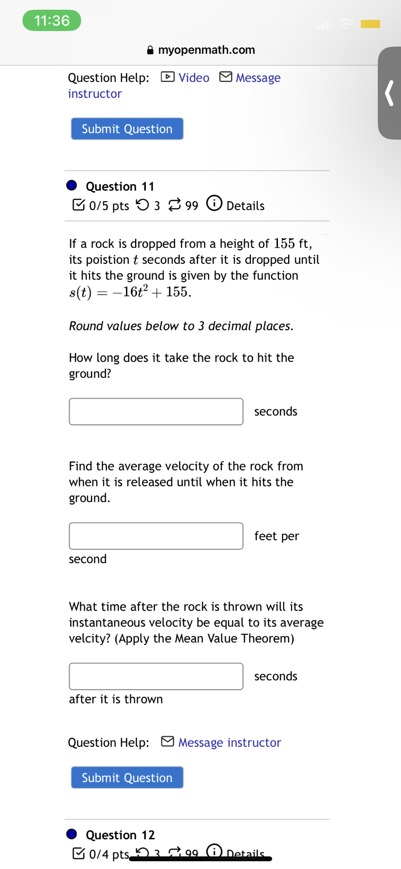 of 155 ft, its poistion t seconds after it is dropped until