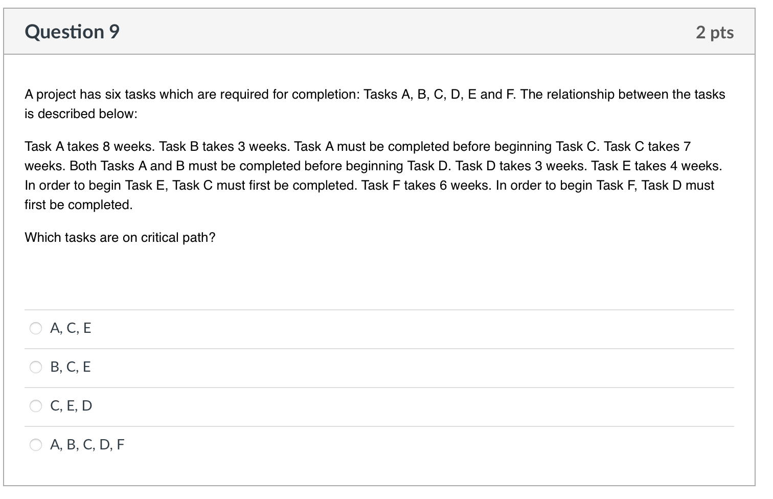between the tasks is described below: Task A takes 8 weeks. Task