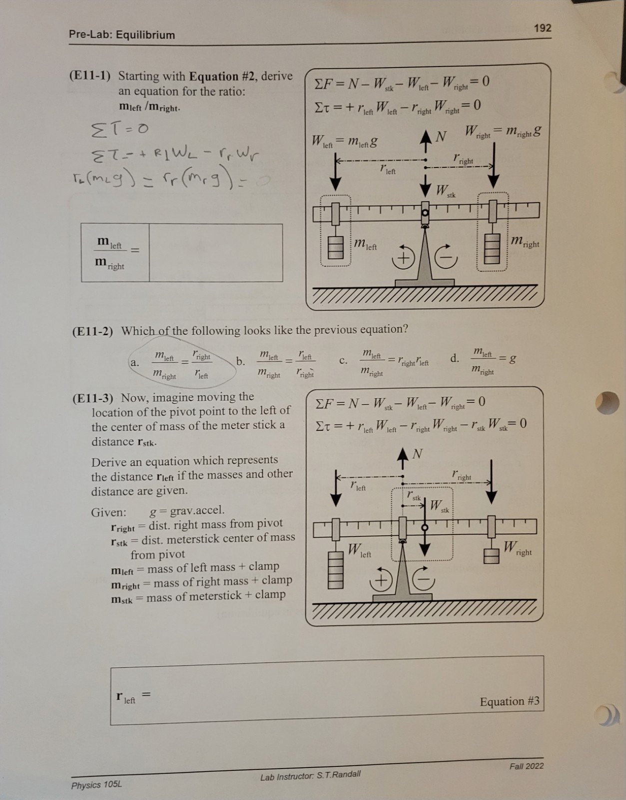 Need to derive equation 3 192 Pre-Lab: Equilibrium (E11-1) Starting with Equation