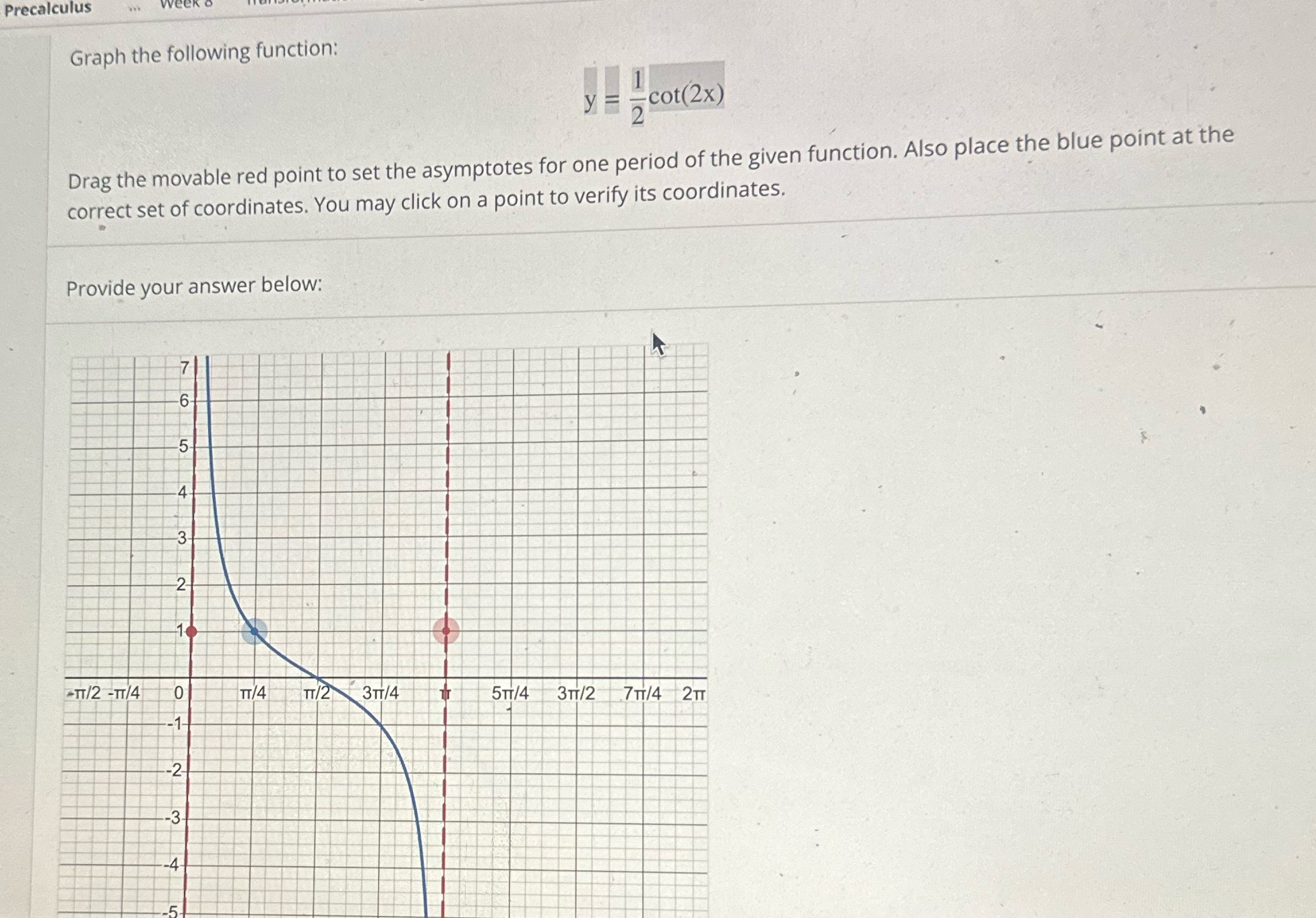  Precalculus Graph the following function: y cot(2x) Drag the movable red