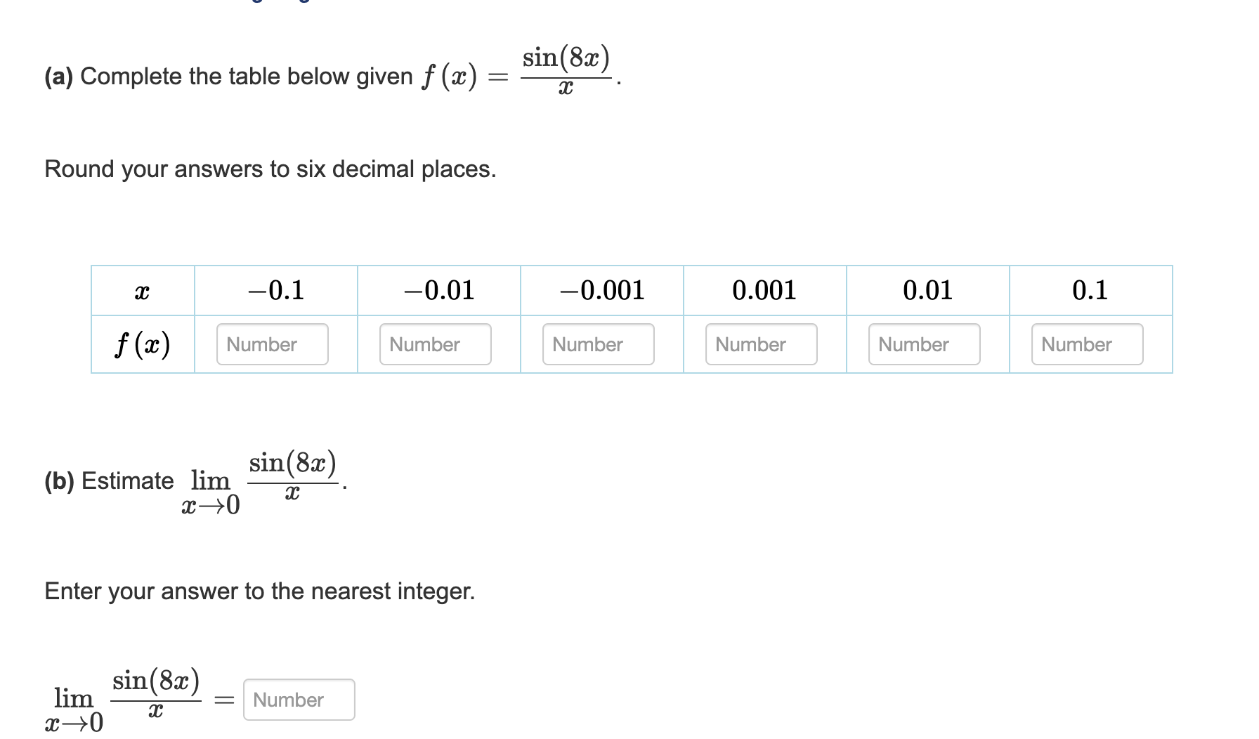answers to six decimal places. a; 0.1 0.01 f (m) Number Number