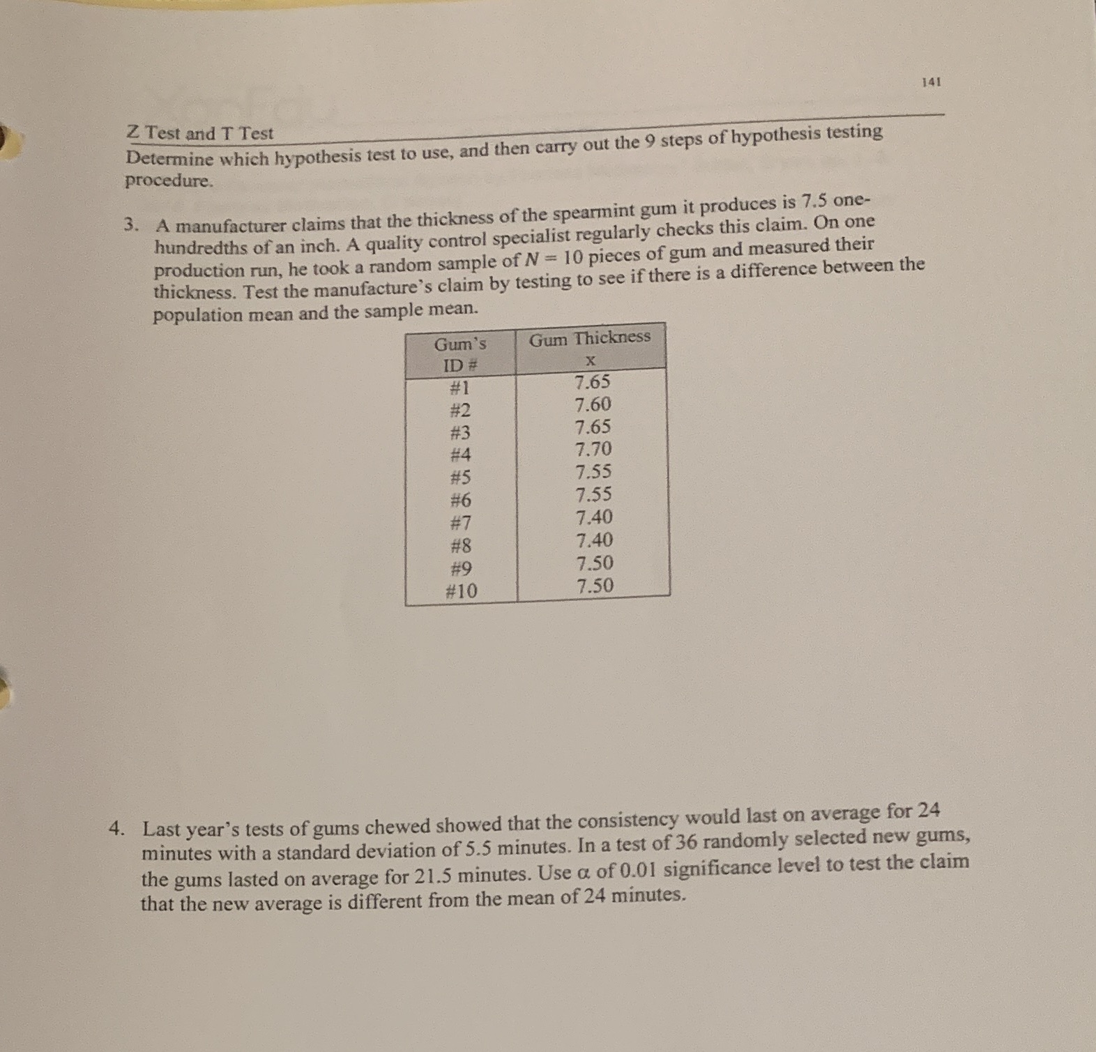 141 Z Test and T Test Determine which hypothesis test to