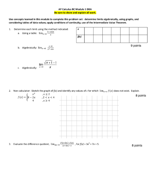  AP Calculus BC Module 1 DBA Be sure to show and