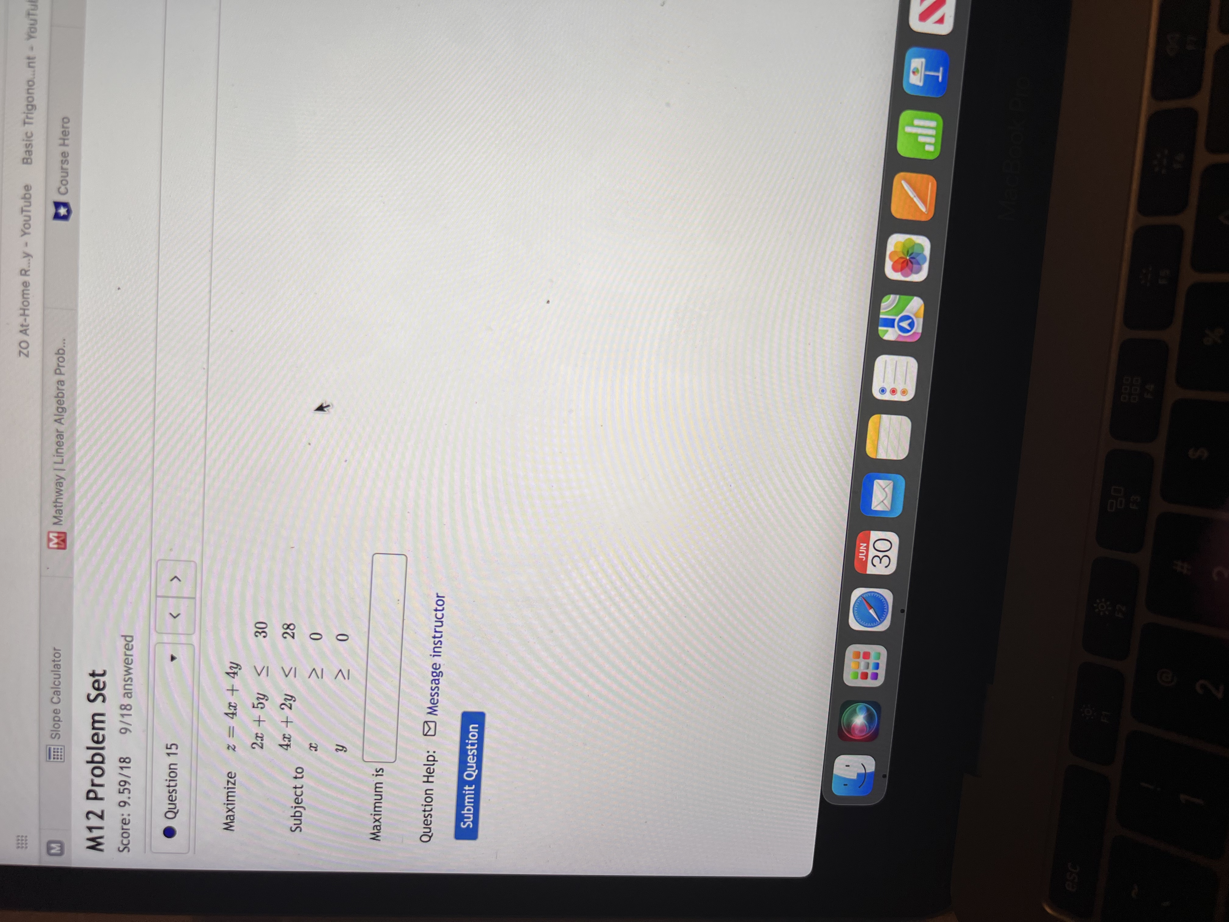 Mathway | Linear Algebra Prob.. Course Hero E M12 Problem Set Score: