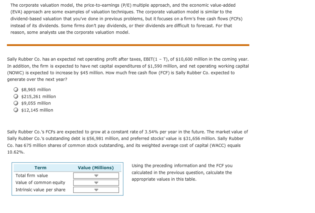 The corporate valuation model, the price-to-eamings (PIE) multiple approach, and the economic