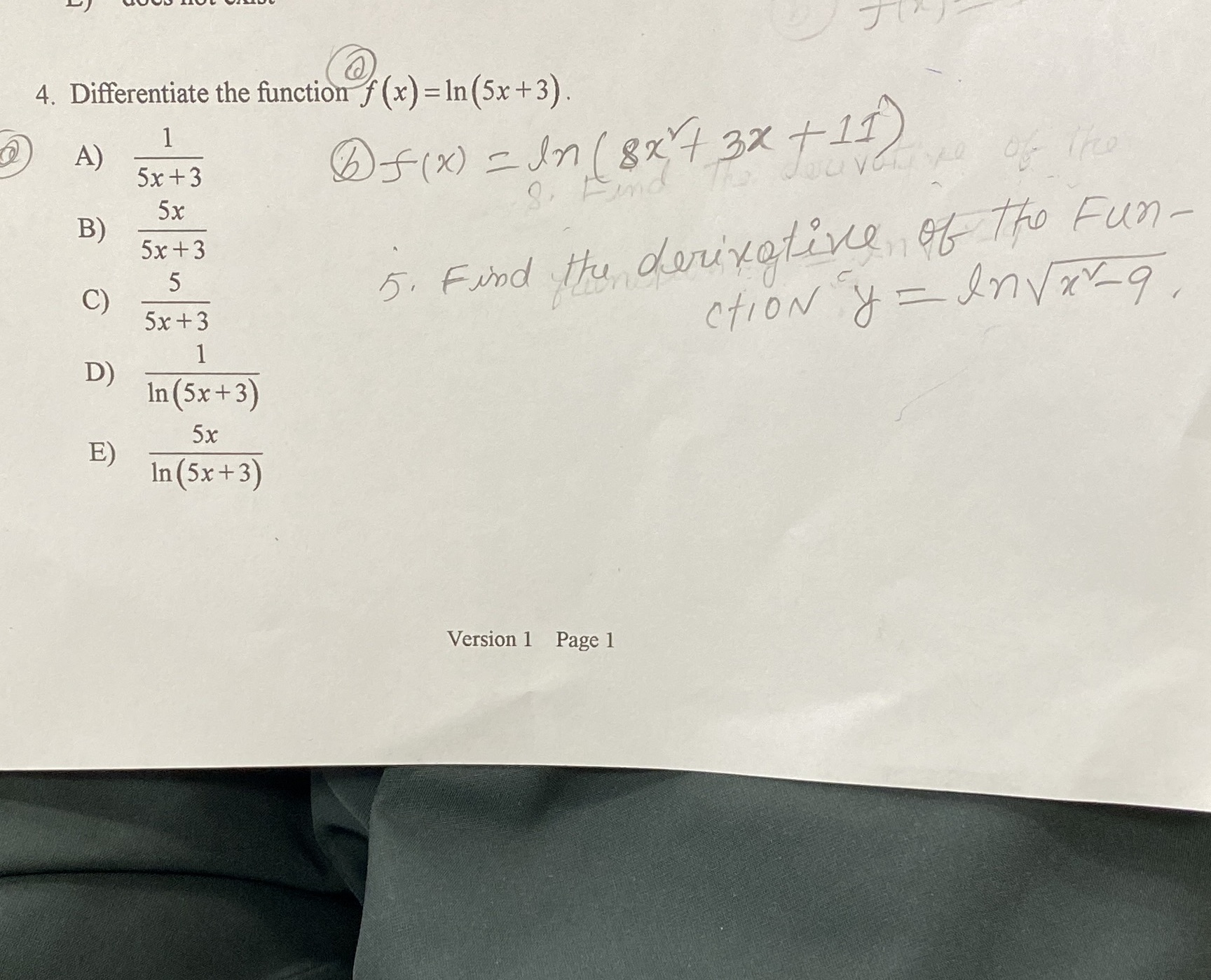  J 4. Differentiate the function f (x) = In (5x+ 3).