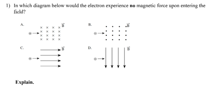 1) In which diagram below would the electron experience no magnetic