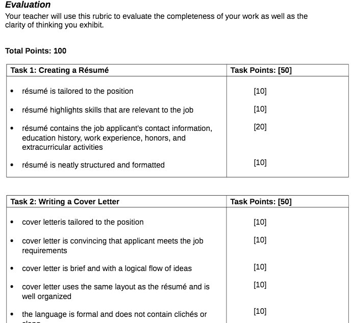  Evaluation Your teacher will use this rubric to evaluate the completeness