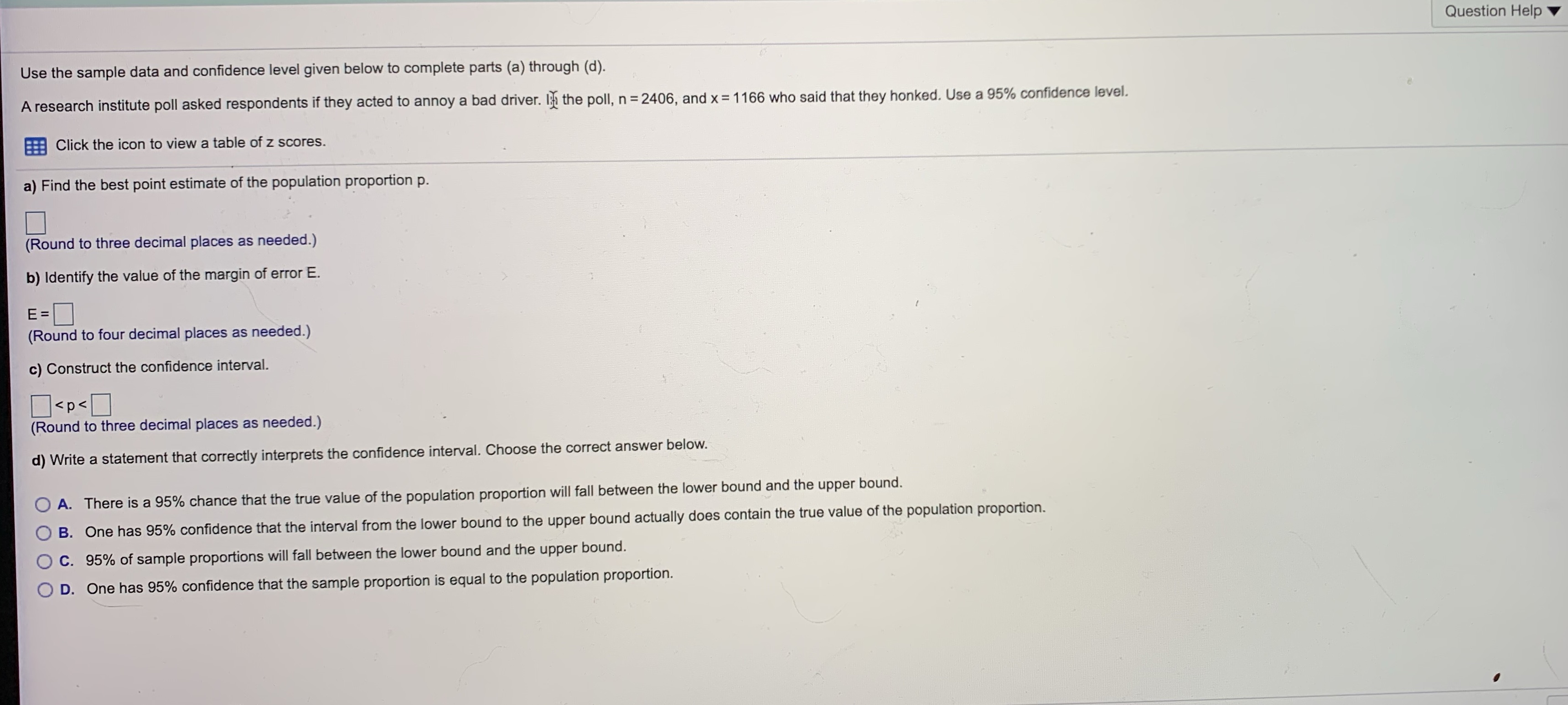 5. Use the sample data and confidence level given below to complete
