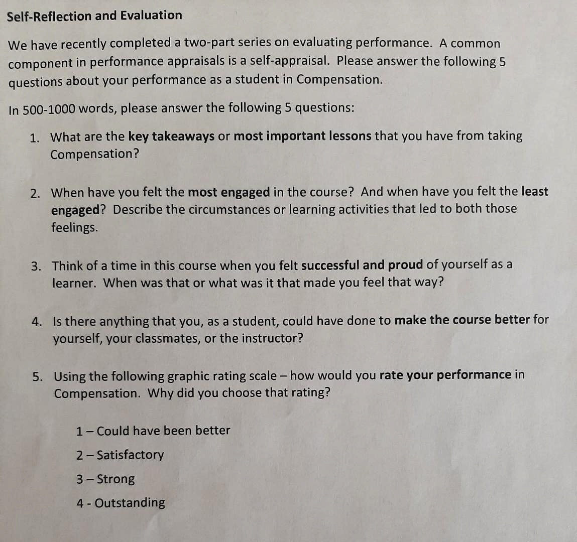 evaluating performance. A common component in performance appraisals is a self-appraisal. Please