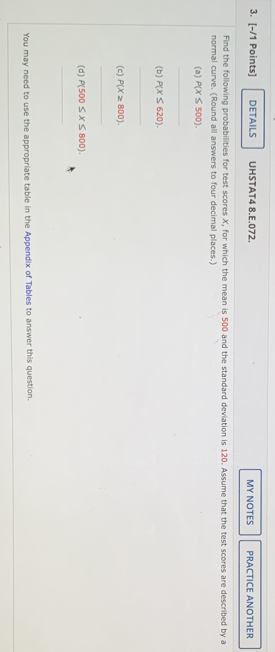  3. [-/1 Points] DETAILS UHSTAT4 8.E.072. MY NOTES PRACTICE ANOTHER Find