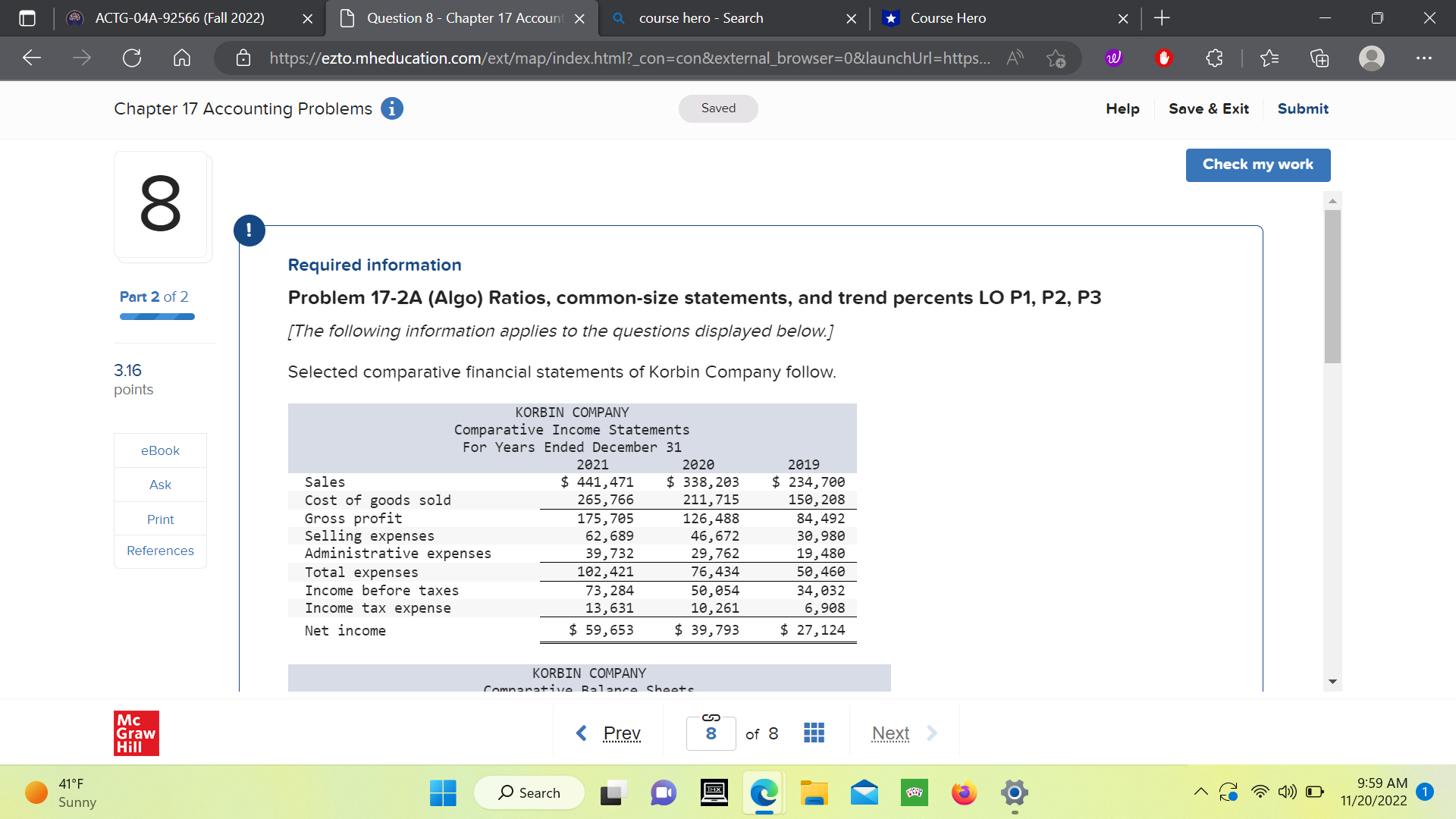Submit Check my work 8 Required information Part 2 of 2 Problem