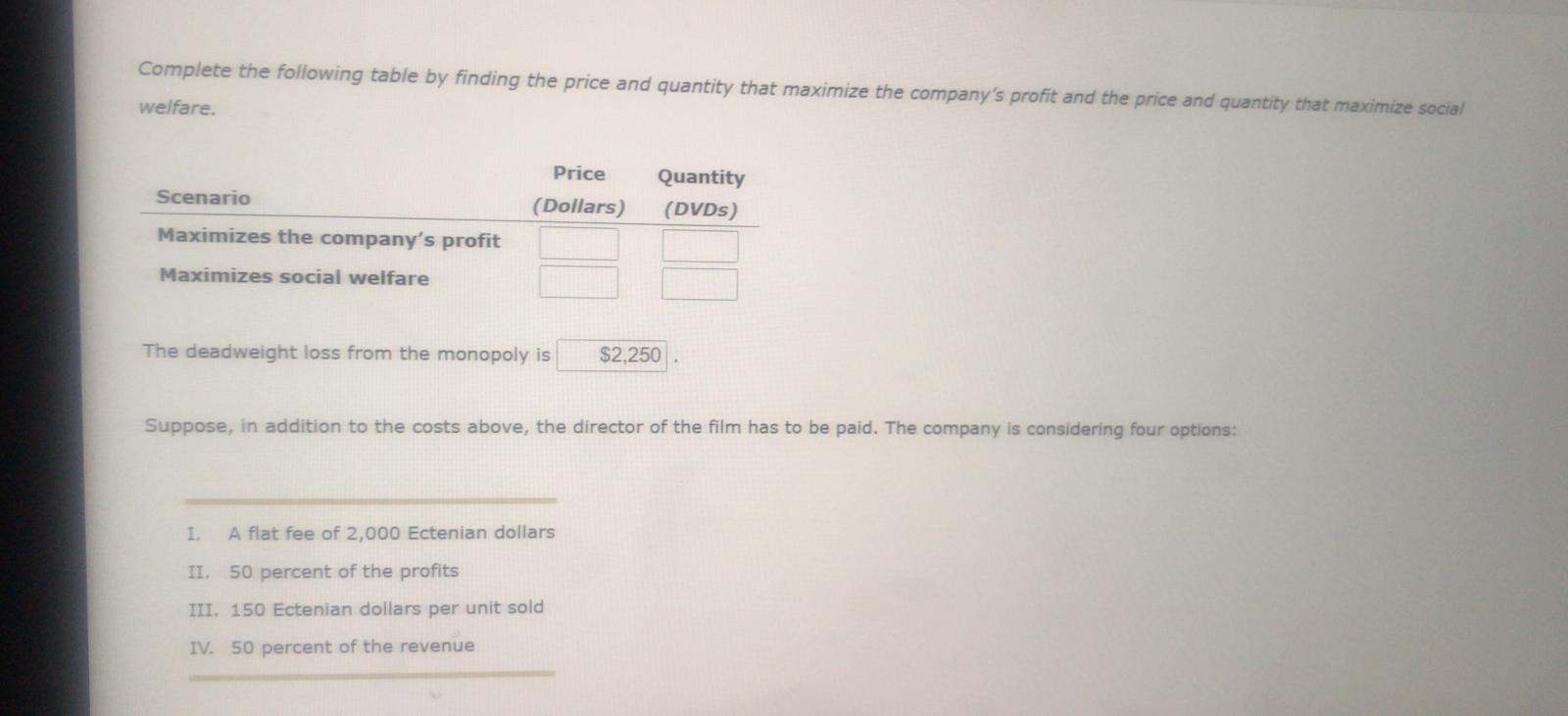 production company in Ectenia obtains the following information about the demand and