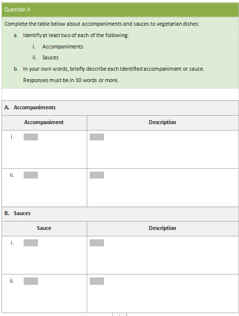 Question 4 Complete the table below about accompaniments and sauces to