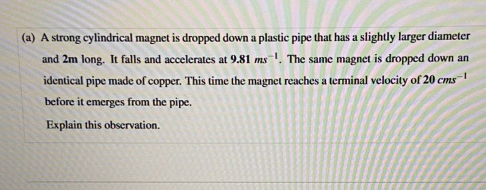 (a) A strong cylindrical magnet is dropped down a plastic pipe