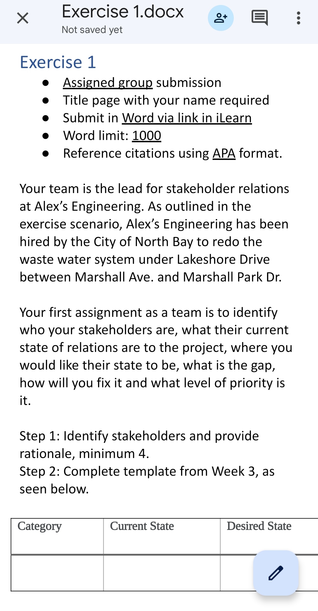 x Exercise 1.docx g El Not saved yet Exercise 1 Assigned