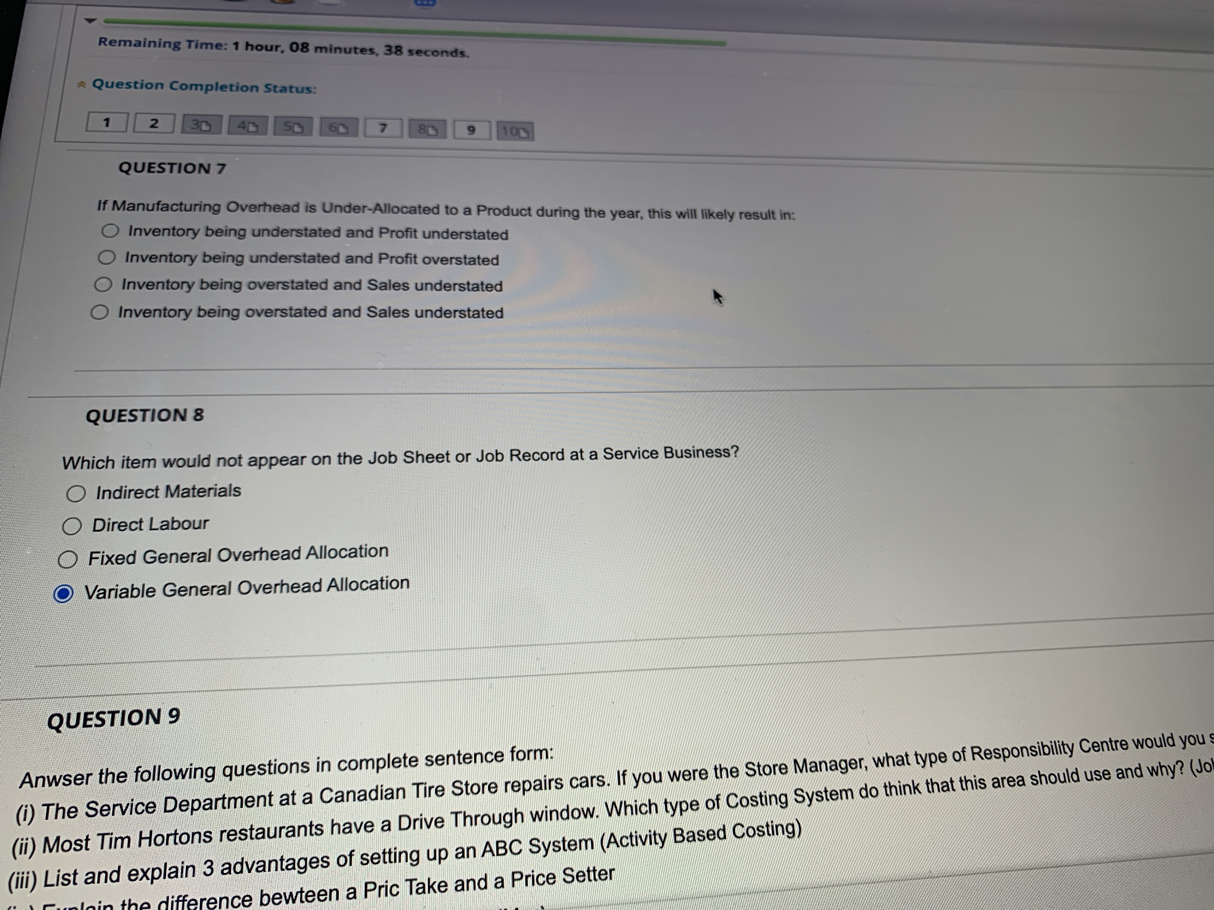 Remaining Time: 1 hour, 08 minutes, 38 seconds. Question Completion Status: