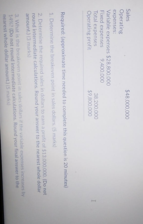 solve this Sales $48,000,000 Operating expenses: Variable expenses $28,800,000 Fixed expenses 9,400,000