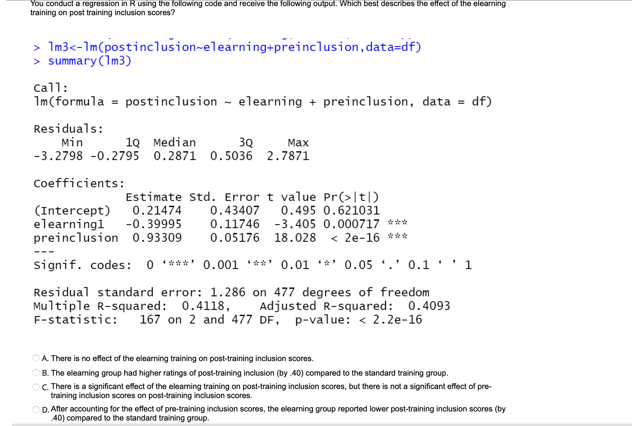 1m(formula = postinclusion ~ elearning + preinclusion, data = df) Residuals :
