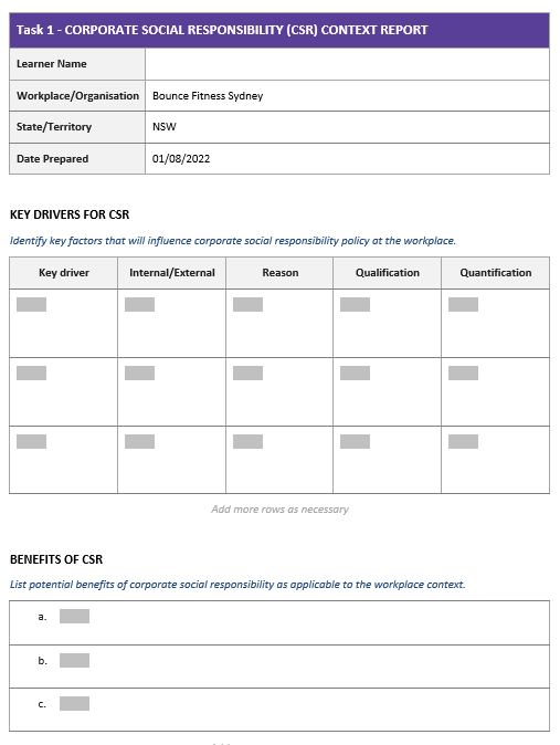 CONTEXT REPORT Learner Name Workplace/Organisation Bounce Fitness Sydney State/Territory NSW Date Prepared