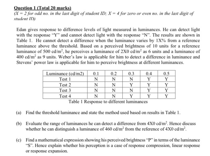 Question 1 (Total 20 marks) (X = 2 for odd no.