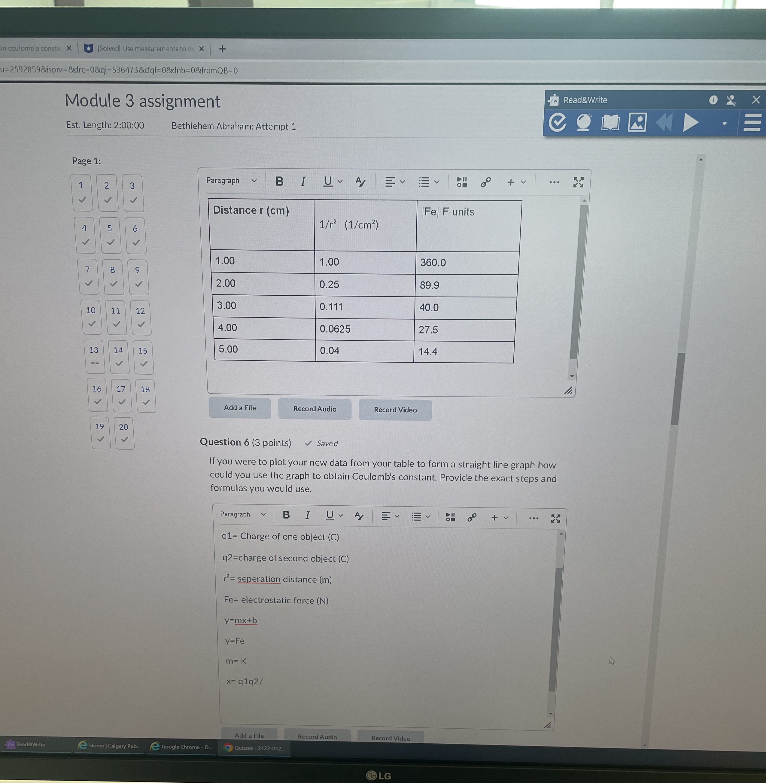 how do you plot the data given to find coloumbs constant? n