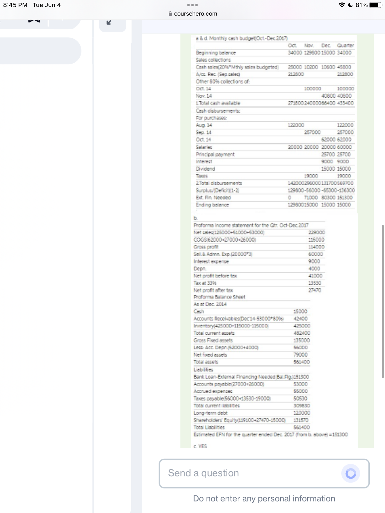 a & d. Monthly cash budget(Oct.-Dec 2017) Oct. Nov. Dec. Quarter Beginning