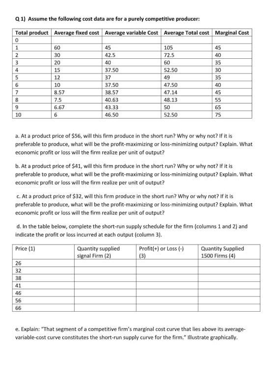 can i get the answer ?? Q 1) Assume the following cost