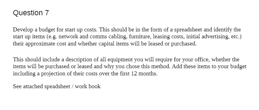 Question 7 Develop a budget for start up costs. This should