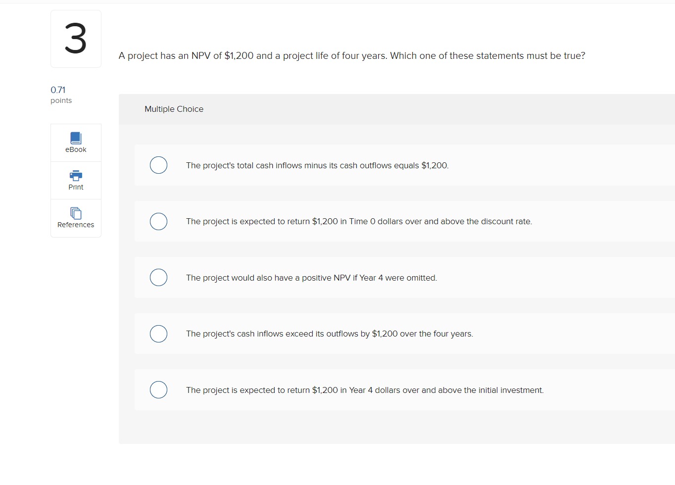 initial cash flow is negative. Print References O the NPV is positive.