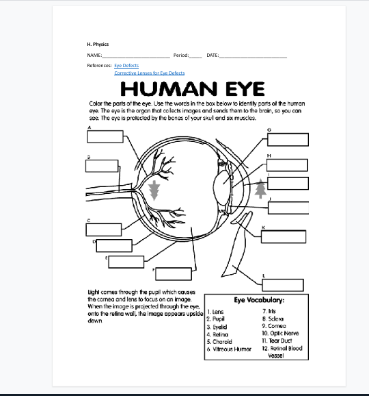  H. Physics NAME! Period: DATE! References: Eye Defects Corrective Lenses for