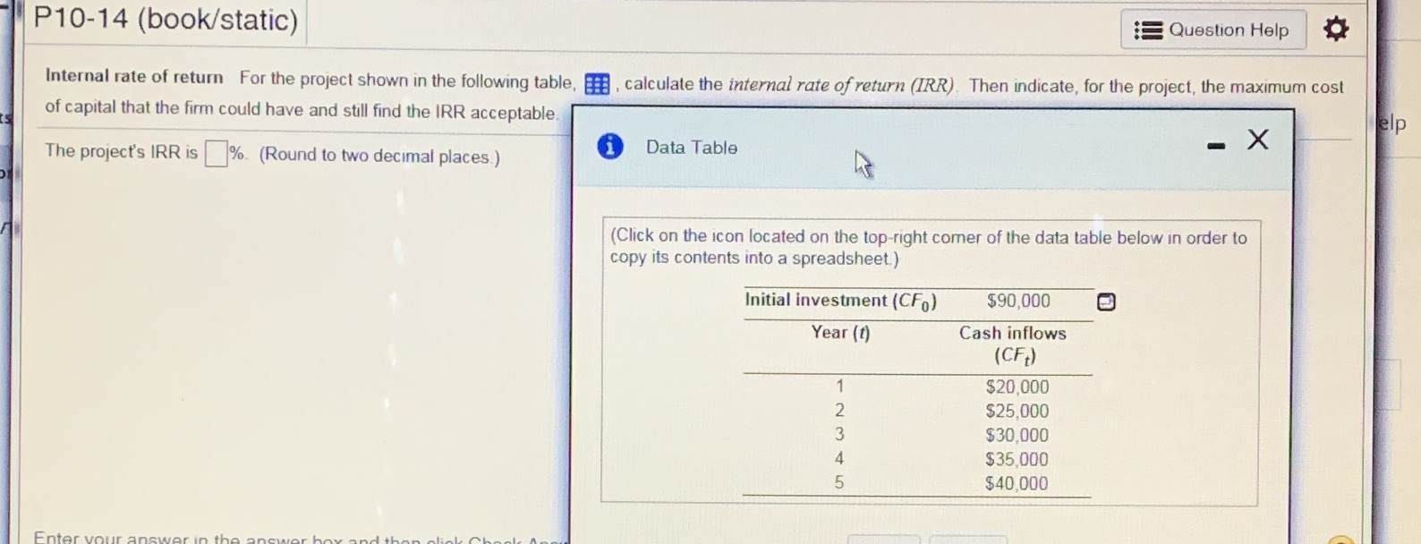 project shown in the following table, , calculate the internal rate of