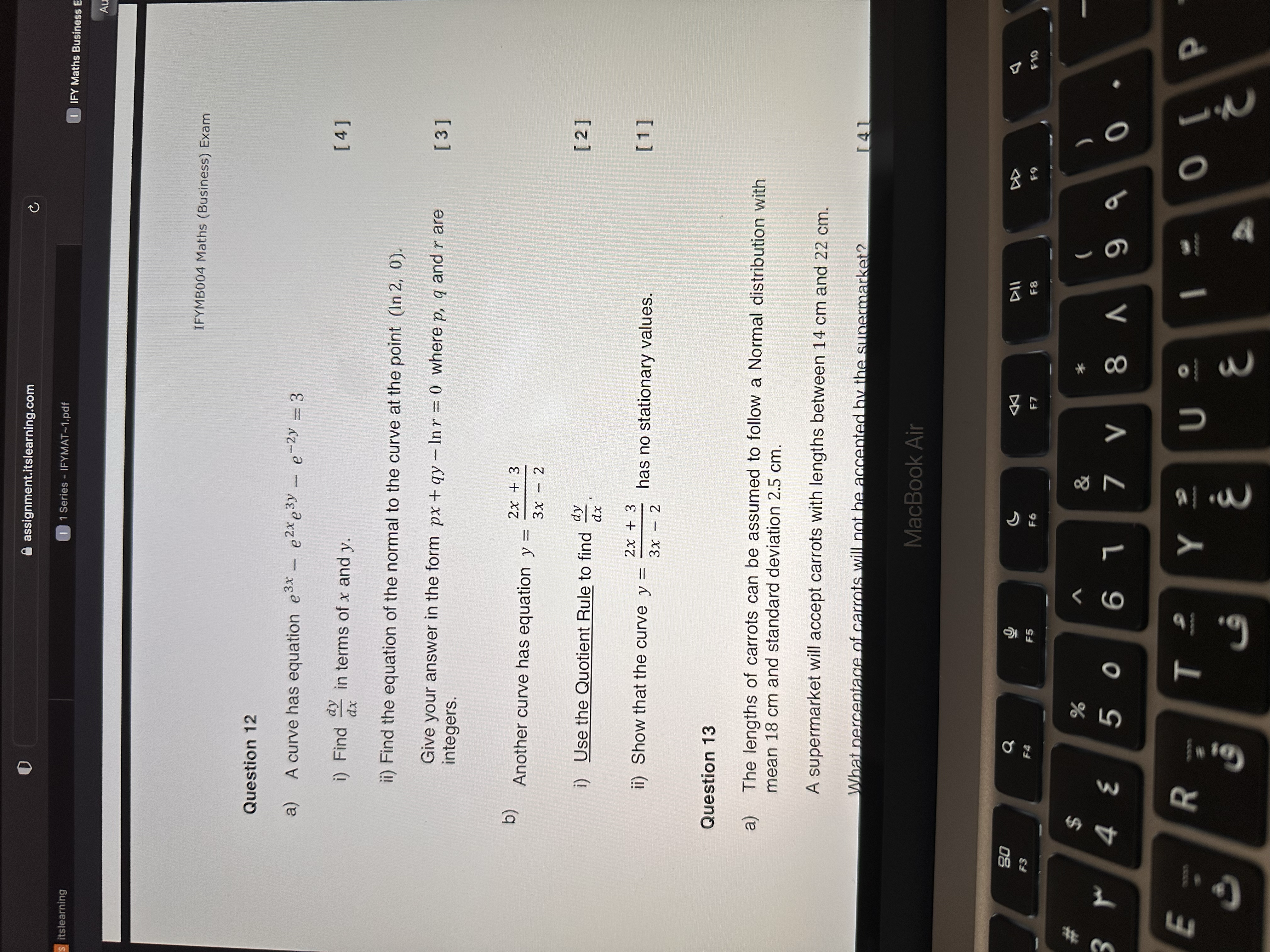 IFYMB004 Maths (Business) Exam Question 12 a) A curve has equation e3x