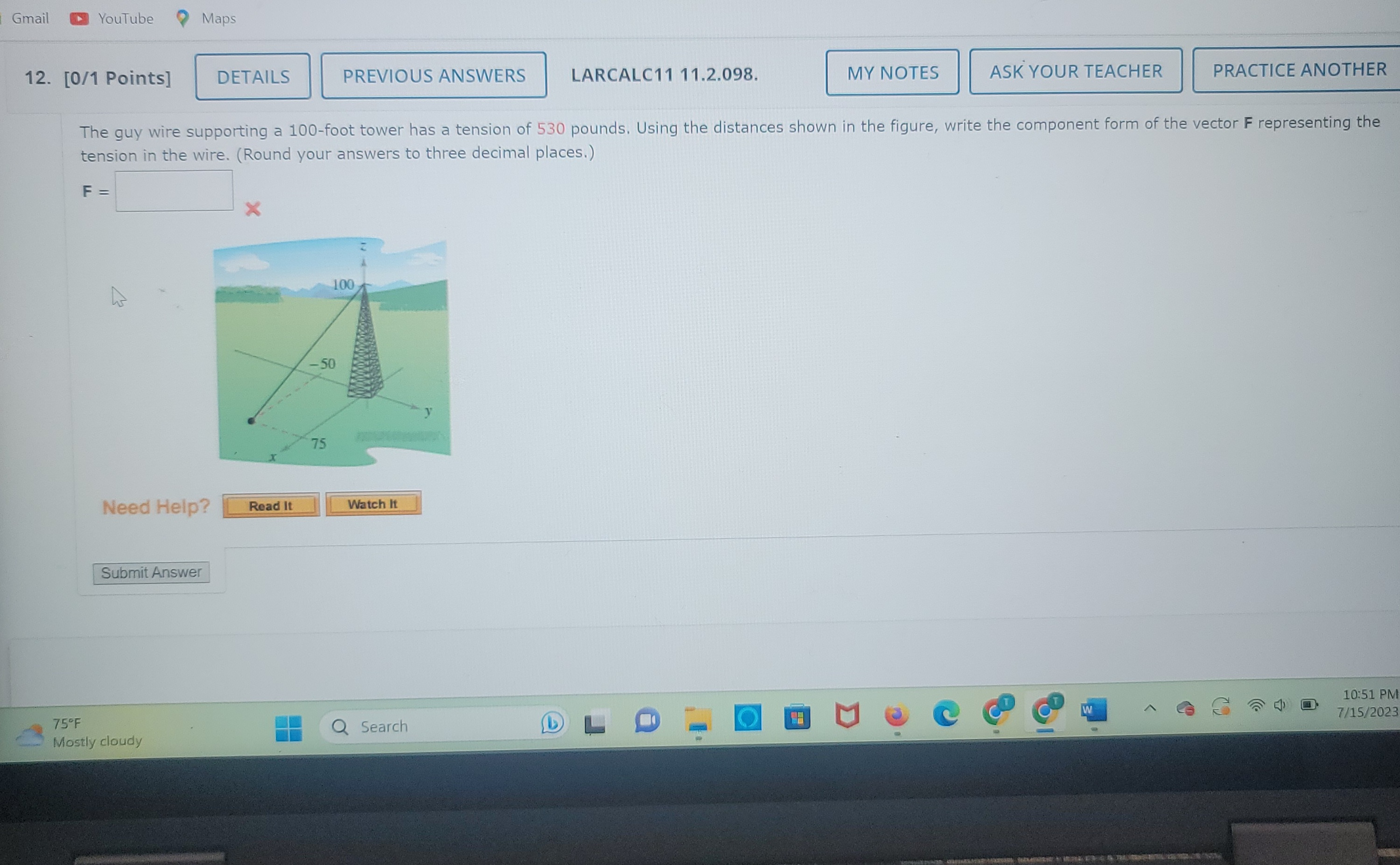 a 100-foot tower has a tension of 530 pounds. Using the distances