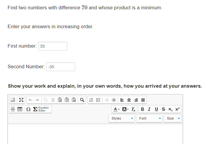  Find two numbers with difference 70 and whose product is a