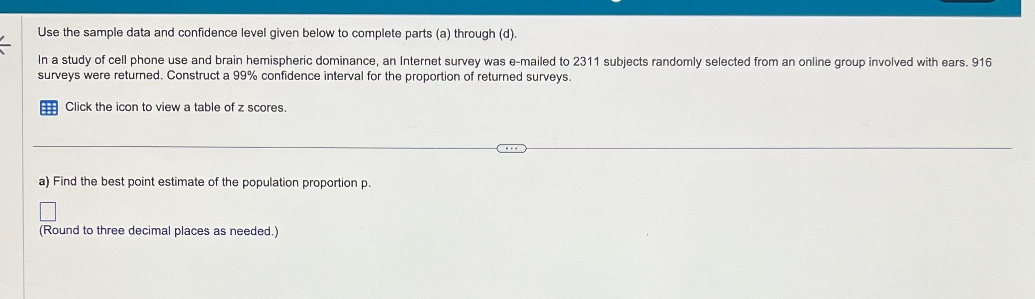  Use the sample data and condence level given below to complete