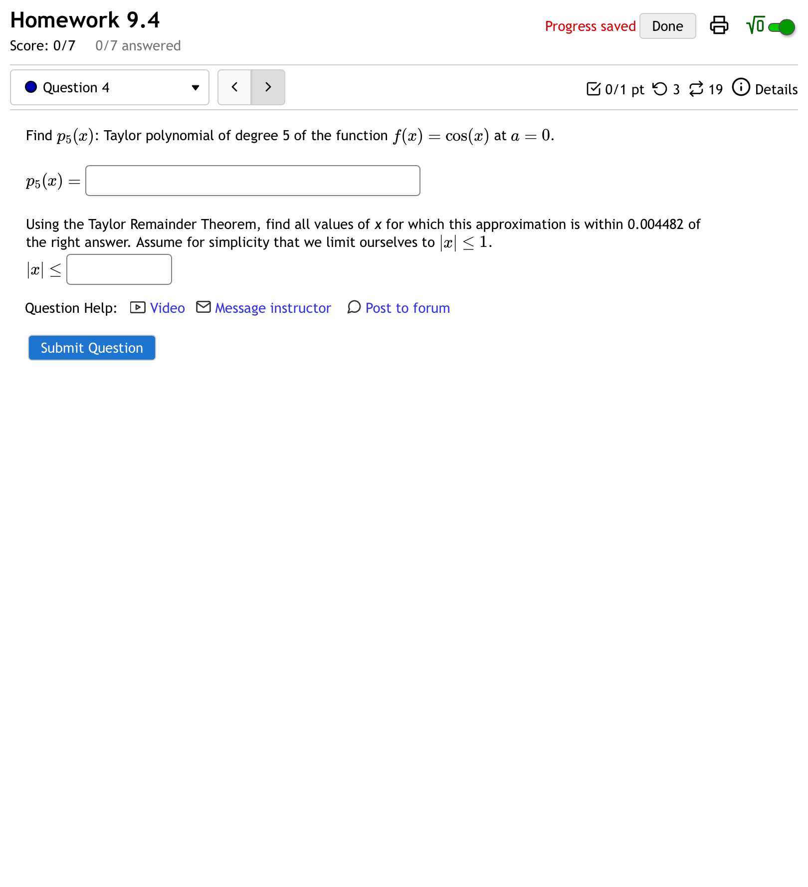of degree 5 of the function f(a) = cos(x) at a =
