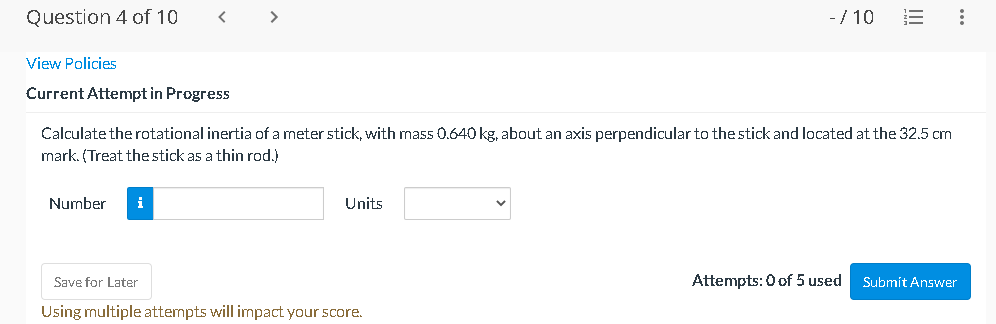 the stick as a thin rod.]I Number n Units V Save for