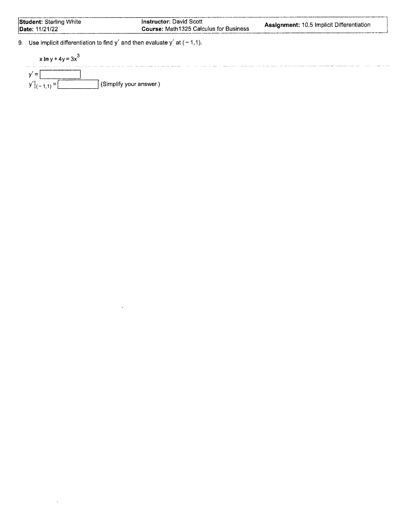 for Business Assignment: 10.5 implicit Differentiation 9. Use implicit differentiation to find