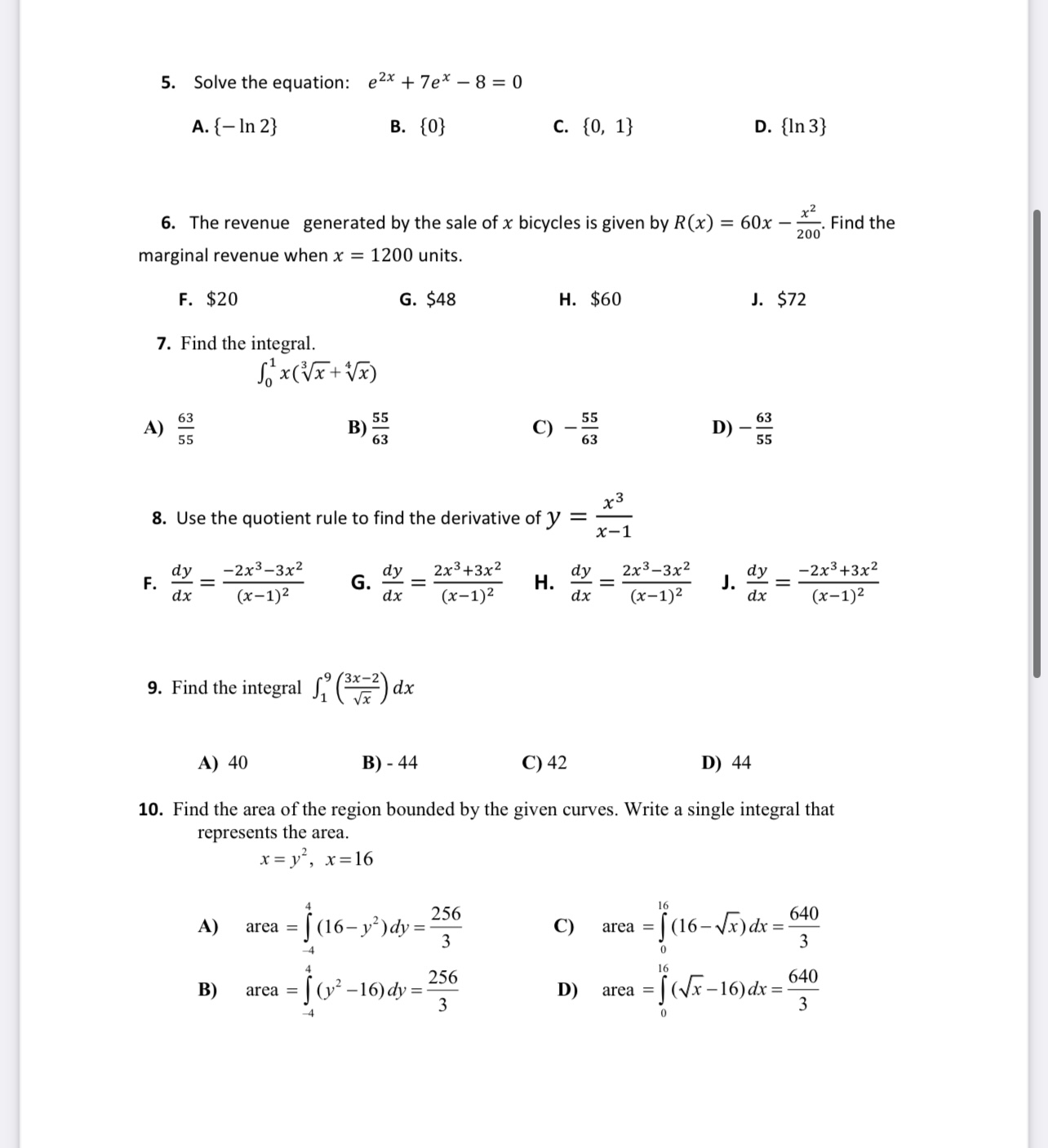  5. Solve the equation: e2x + 7ex - 8 = 0