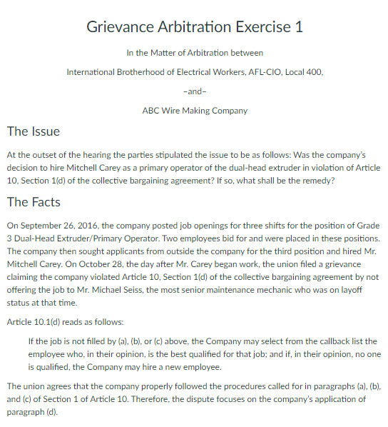 Grievance Arbitration Exercise 1 In the Matter of Arbitration between International Brotherhood