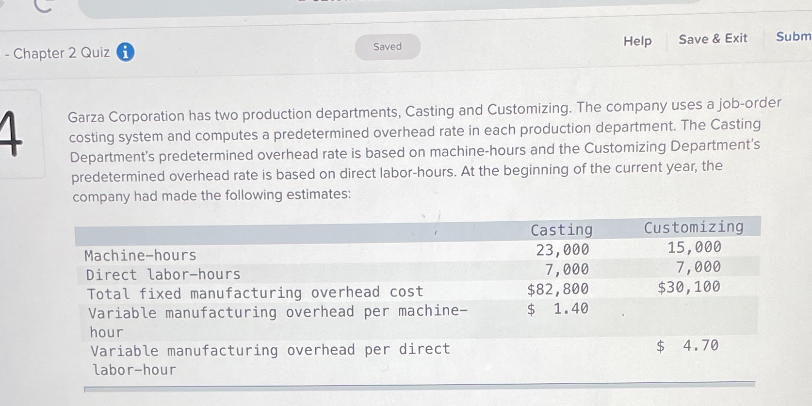 Garza Corporation has two production departments, Casting and Customizing. The company uses
