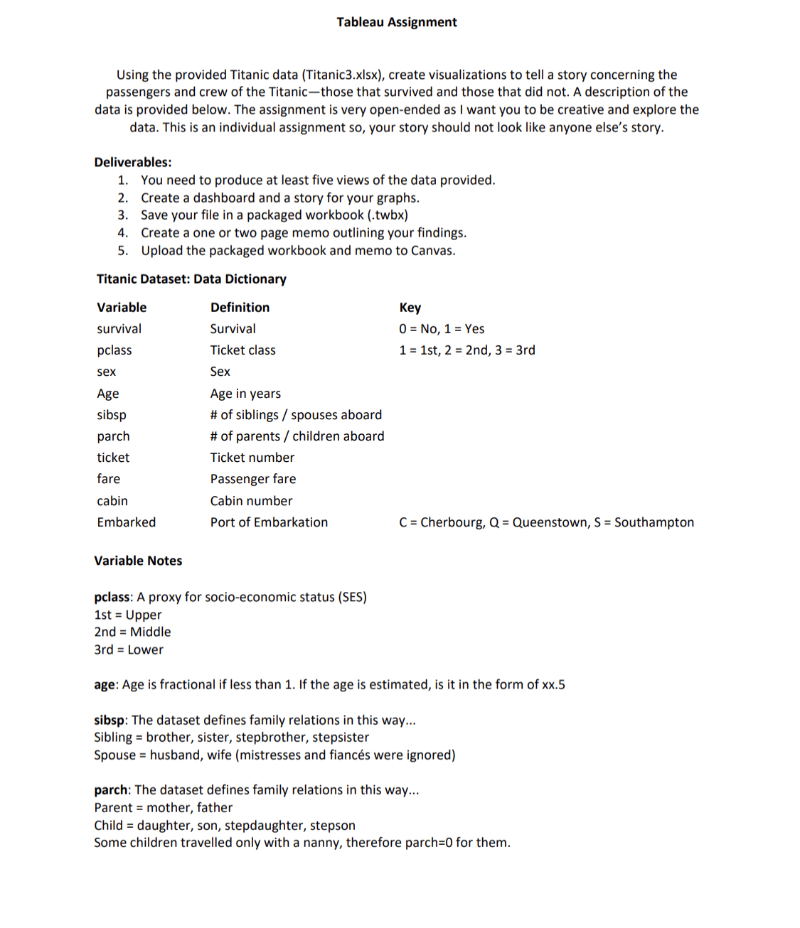  Tableau Assignment Using the provided Titanic data (Titanic3.xIsx), create visualizations to
