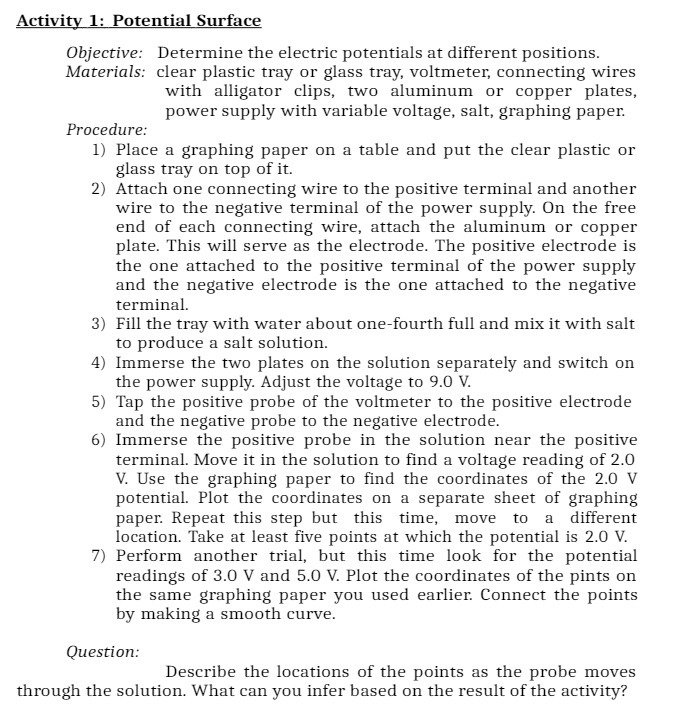 Activity 1: Potential Surface Dbjective: Determine the electric potentials at different